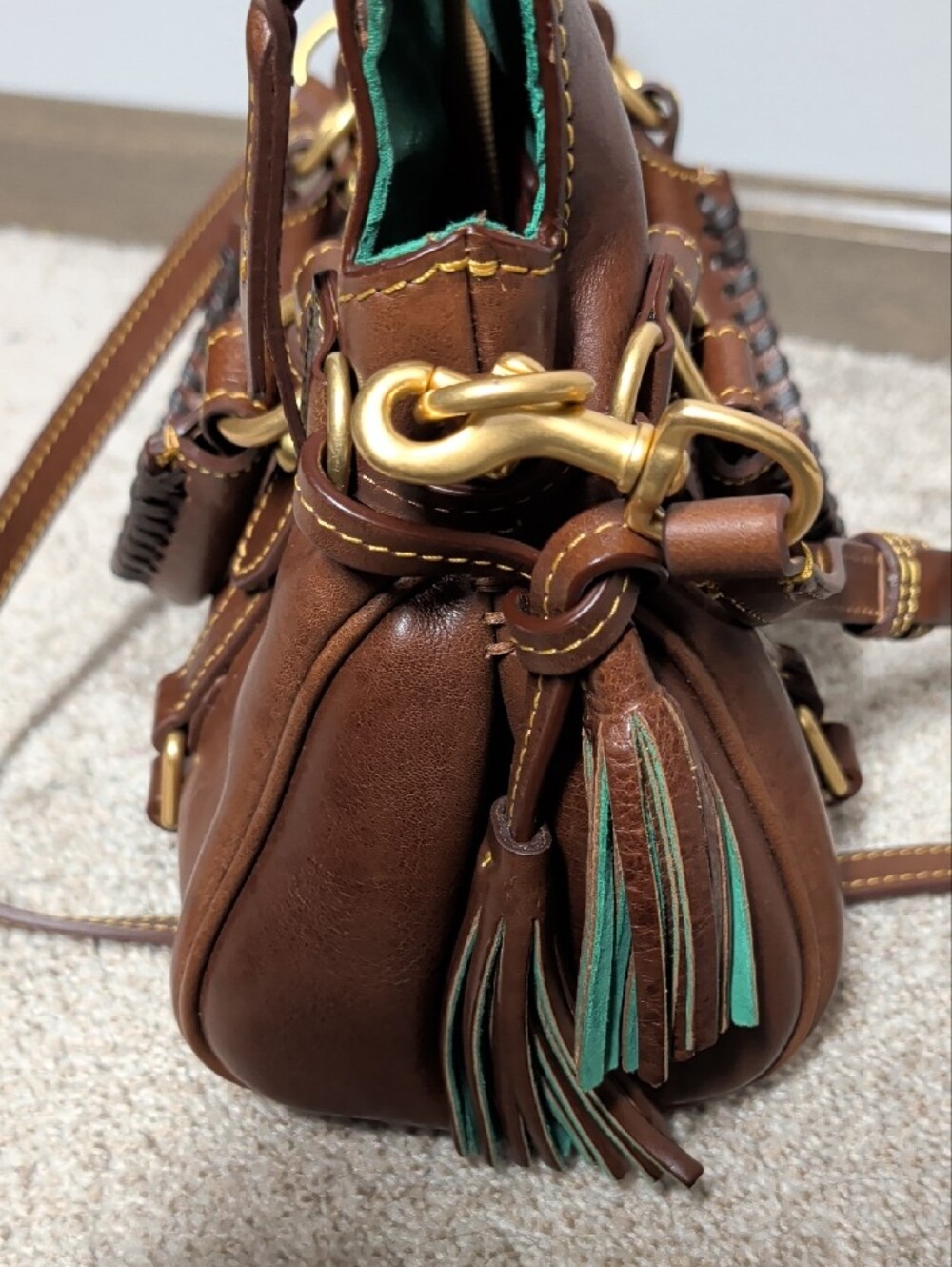 Dooney & Bourke Brown Leather Shoulder Bag with Green Interior - Picture 10 of 15